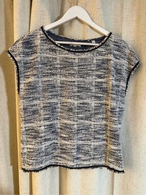 Max Studio Women's Navy and White Tweed Cap-Sleeve Top